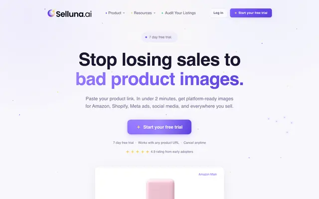 Screenshot of Selluna.ai, AI product image generator for Amazon and ecommerce