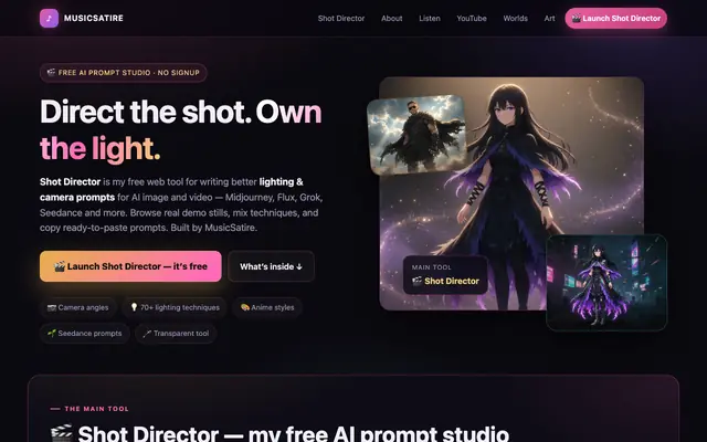 Screenshot of Shot Director — Free AI Lighting & Camera Prompt Tool | MusicSatire