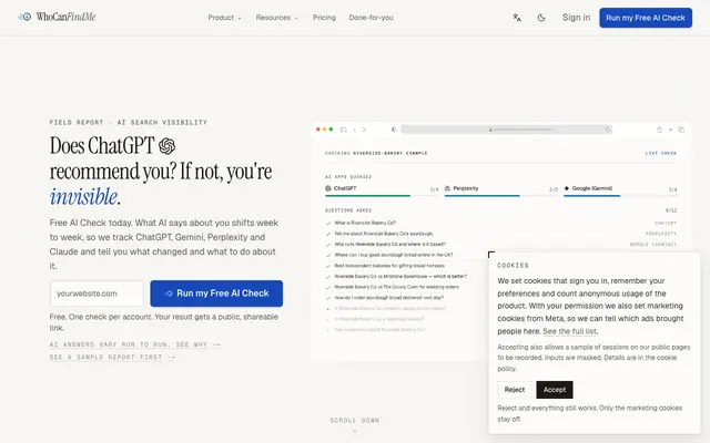 Screenshot of WhoCanFindMe: Is your site visible to AI search? · WhoCanFindMe