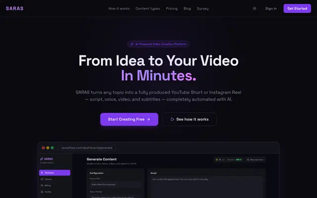Screenshot of SARAS — AI Video Creator