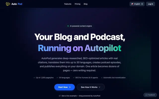 Screenshot of AutoPod — Your Blog and Podcast, Running on Autopilot