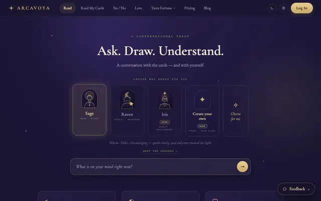 Screenshot of Arcavoya — Free AI Tarot Reading, in Conversation