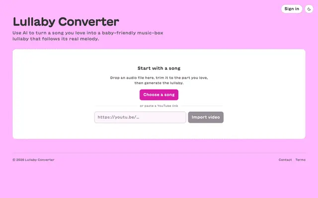 Screenshot of AI Lullaby Converter — turn any song into a music-box lullaby