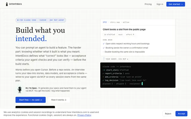 Screenshot of IntentDocs — Spec-Driven Development for AI Coding Agents