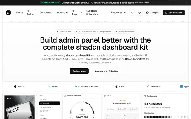 Screenshot of Shadcn Dashboard, UI Blocks and Components for React, Next.js & Tailwind CSS