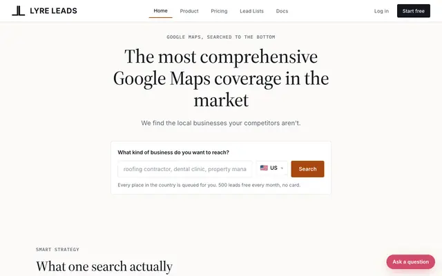 Screenshot of Lyre Leads: Custom-Keyword B2B Prospecting Platform | Google Maps Lead Generatio