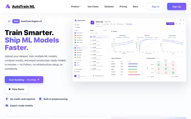 Screenshot of No-Code Machine Learning Platform | AutoTrain ML