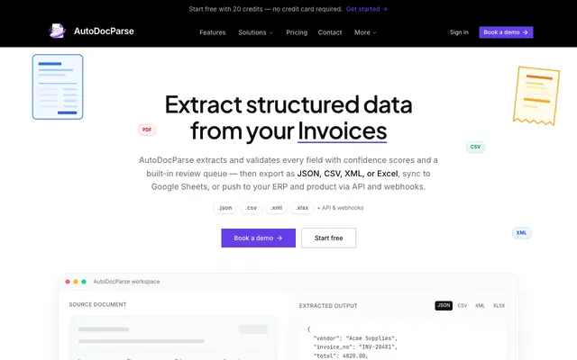 Screenshot of AutoDocParse — AI document parsing with confidence scores, review queues, and au