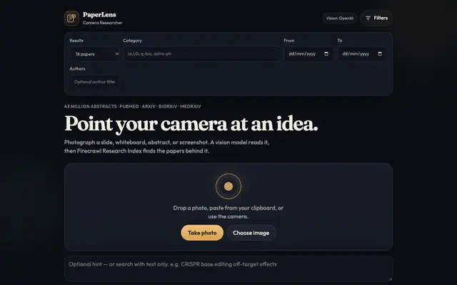 Screenshot of PaperLens — Camera Researcher