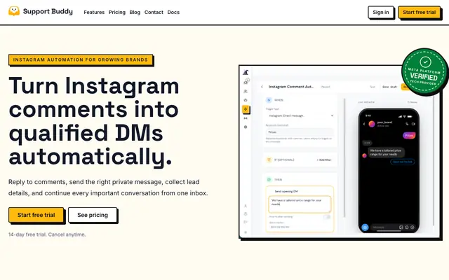 Screenshot of Instagram automation for comments and DMs | Support Buddy