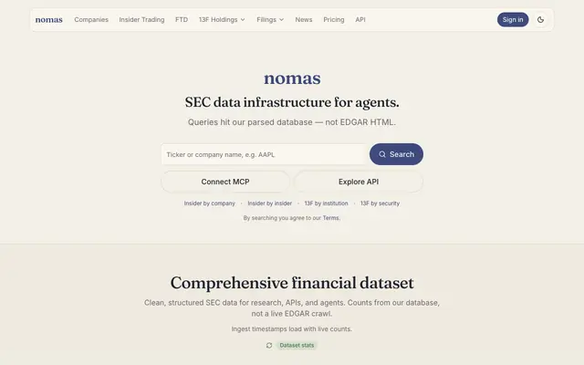 Screenshot of Nomas - Structured SEC Data for Research, APIs, and Agents