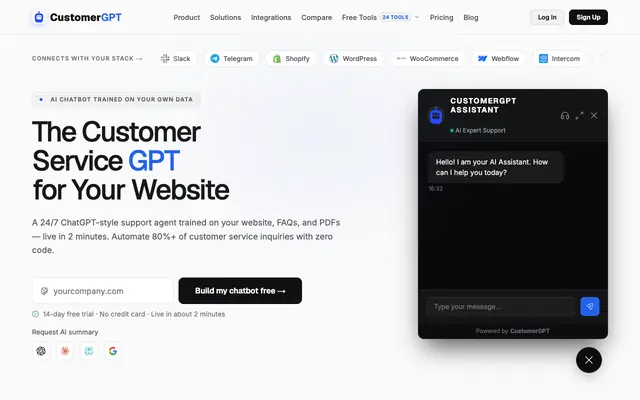 Screenshot of Custom AI Chatbot Trained on Your Data | ChatGPT Customer Support — CustomerGPT