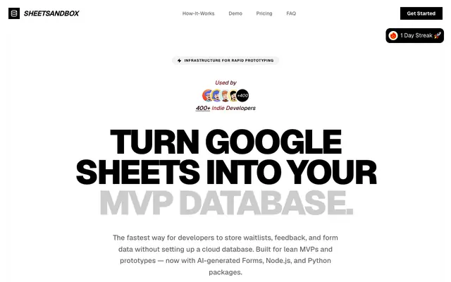 Screenshot of SheetSandbox – Google Sheets as a Production Database for MVP's