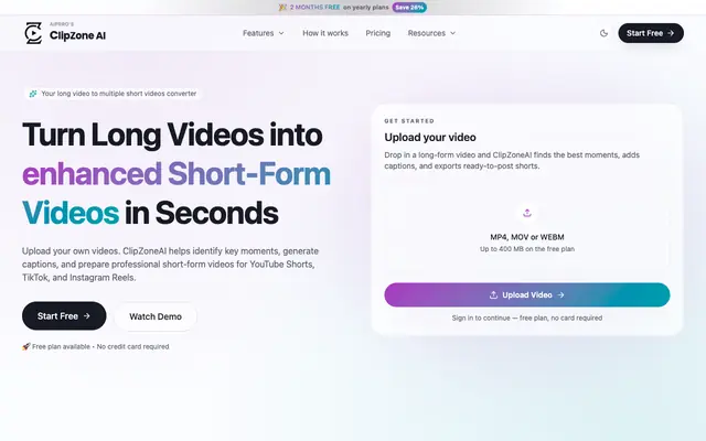 Screenshot of ClipZone AI — Turn Long Videos into Viral Shorts in Seconds