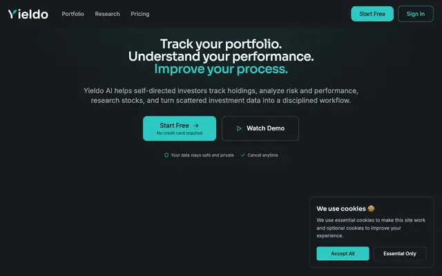 Screenshot of Yieldo AI | AI Stock Research & Portfolio Analytics in One Platform