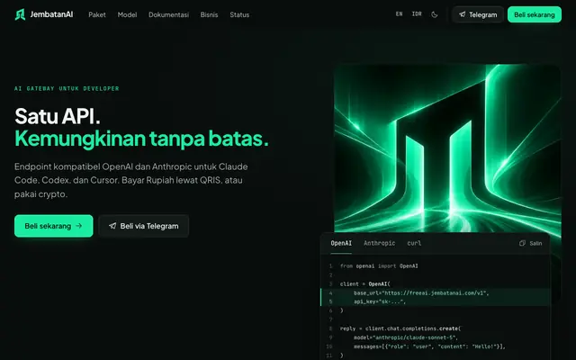 Screenshot of FreeAI by JembatanAI - Satu Endpoint AI untuk Developer Indonesia
