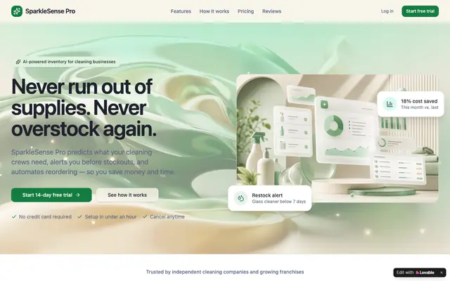 Screenshot of SparkleSense Pro — AI Inventory Management for Cleaning Businesses