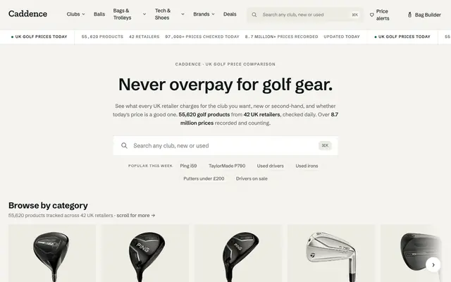 Screenshot of Caddence | Compare Golf Equipment Prices & Price History UK