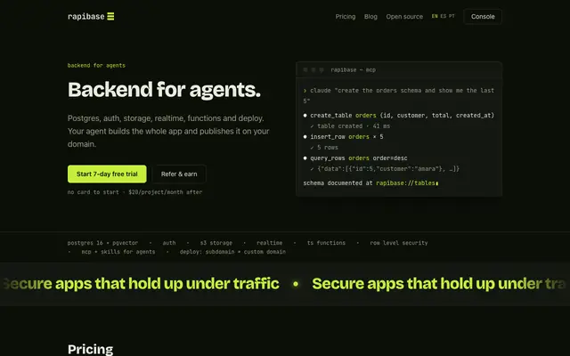 Screenshot of Rapibase — The backend for building with AI agents